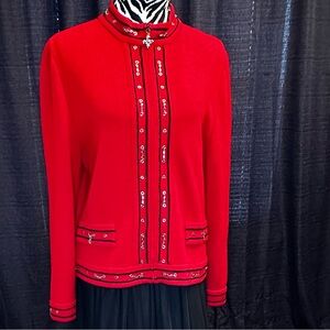 St John Collection Marie Gray Santana Knit red zip cardigan sweater blazer 14